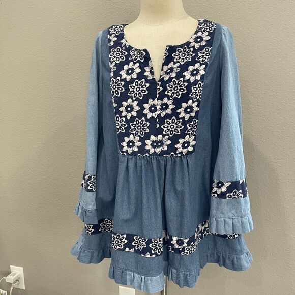 Sew What? Upcycling Tops - Handmade Hippy Boho Blue Denim & Jersey Tunic, all pre-loved fabrics, size L.